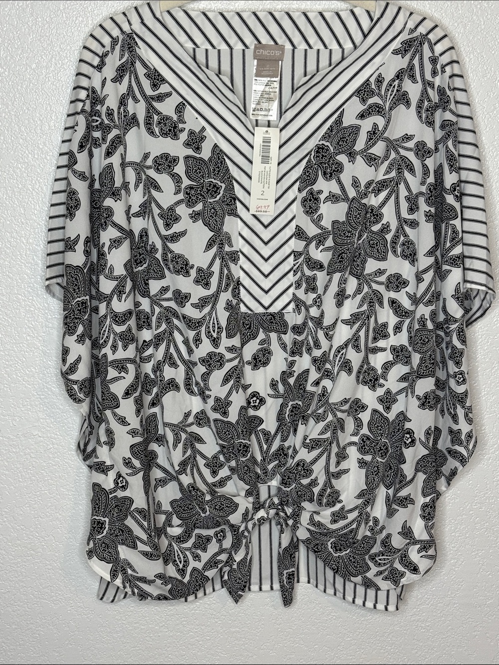 Chico’s Black & White Flutter Sleeve Tie Front Top Catalina Mix Size 2(12/14)